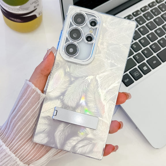 For Samsung Galaxy S25 Ultra 5G Plating Glitter Texture Fold Holder TPU Phone Case with Lens Film(White Feathers)