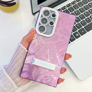 For Samsung Galaxy S25 Ultra 5G Plating Glitter Texture Fold Holder TPU Phone Case with Lens Film(Purple Feathers)