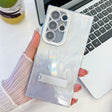For Samsung Galaxy S25 Ultra 5G Plating Glitter Texture Fold Holder TPU Phone Case with Lens Film(White Feather Yarn) - Galaxy S25 Ultra 5G Cases by PMC Jewellery | Online Shopping South Africa | PMC Jewellery | Buy Now Pay Later Mobicred