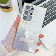 For Samsung Galaxy S25 Ultra 5G Plating Glitter Texture Fold Holder TPU Phone Case with Lens Film(White Feather Yarn)