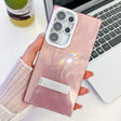 For Samsung Galaxy S25 Ultra 5G Plating Glitter Texture Fold Holder TPU Phone Case with Lens Film(Pink Feather Yarn) - Galaxy S25 Ultra 5G Cases by PMC Jewellery | Online Shopping South Africa | PMC Jewellery | Buy Now Pay Later Mobicred