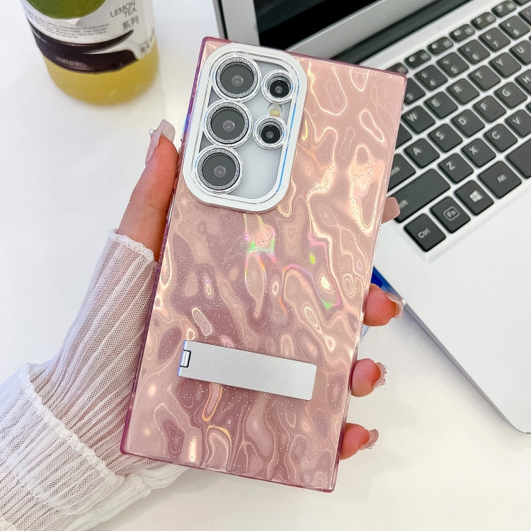 For Samsung Galaxy S25 Ultra 5G Plating Glitter Texture Fold Holder TPU Phone Case with Lens Film(Pink Wrinkles)