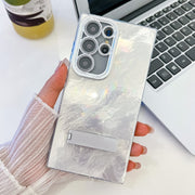 For Samsung Galaxy S25 Ultra 5G Plating Glitter Texture Fold Holder TPU Phone Case with Lens Film(White Tinfoil Texture)