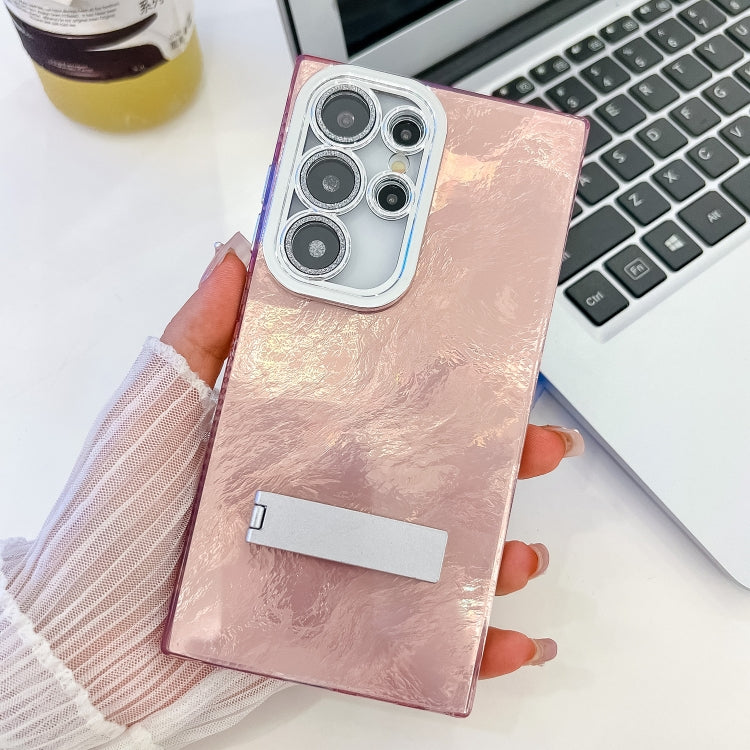 For Samsung Galaxy S25 Ultra 5G Plating Glitter Texture Fold Holder TPU Phone Case with Lens Film(Pink Tinfoil Texture)