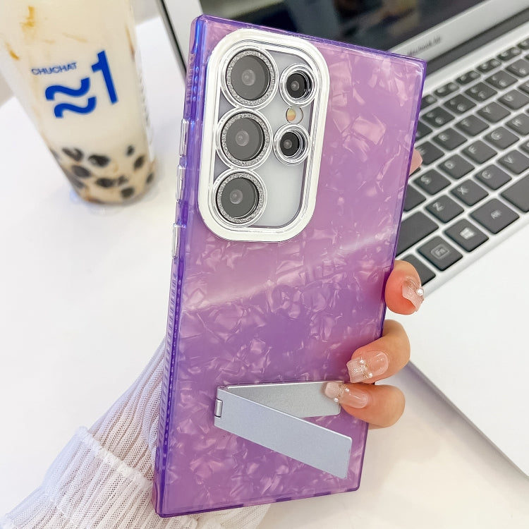 For Samsung Galaxy S25 5G Plating Glitter Texture Fold Holder TPU Phone Case with Lens Film(Purple Shell Pattern)