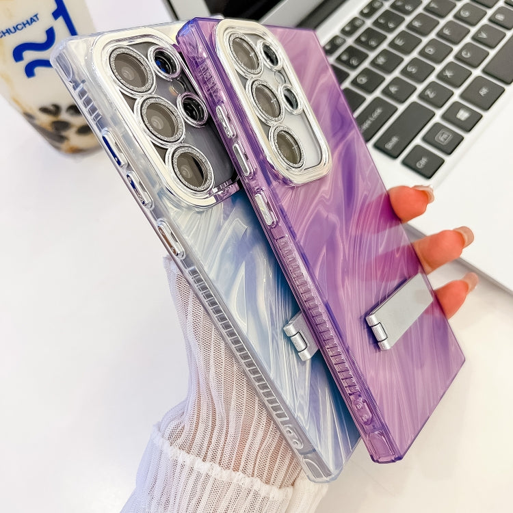 For Samsung Galaxy S25+ 5G Plating Glitter Texture Fold Holder TPU Phone Case with Lens Film(White Shell Pattern)