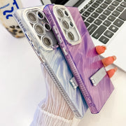 For Samsung Galaxy S25+ 5G Plating Glitter Texture Fold Holder TPU Phone Case with Lens Film(White Shell Pattern)