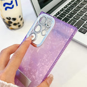 For Samsung Galaxy S25 Ultra 5G Plating Glitter Texture Fold Holder TPU Phone Case with Lens Film(White Shell Pattern)