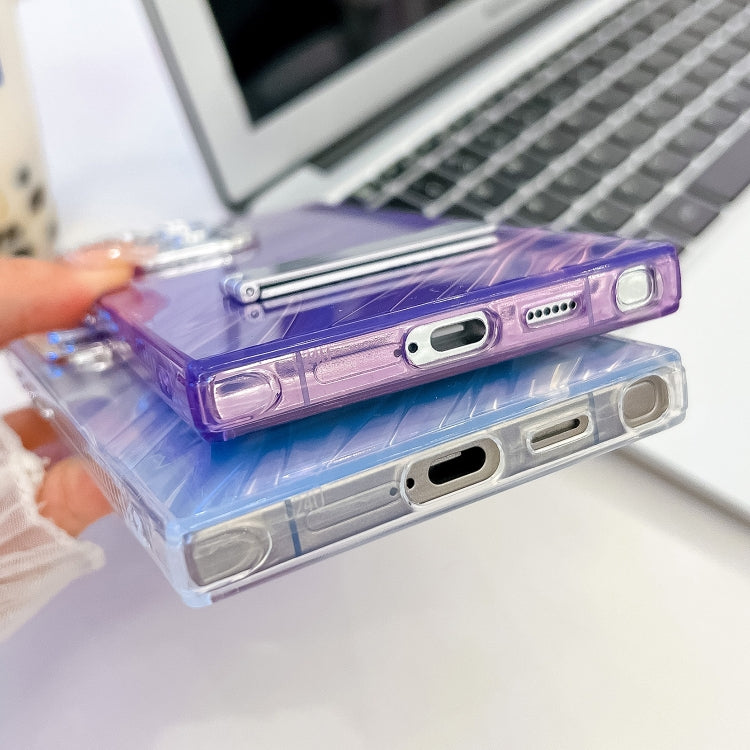 For Samsung Galaxy S25+ 5G Plating Glitter Texture Fold Holder TPU Phone Case with Lens Film(White Shell Pattern)