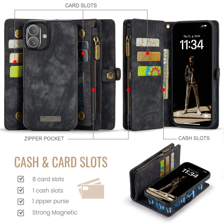 For iPhone 16 CaseMe 008 Detachable Multifunctional Leather Phone Case(Black)