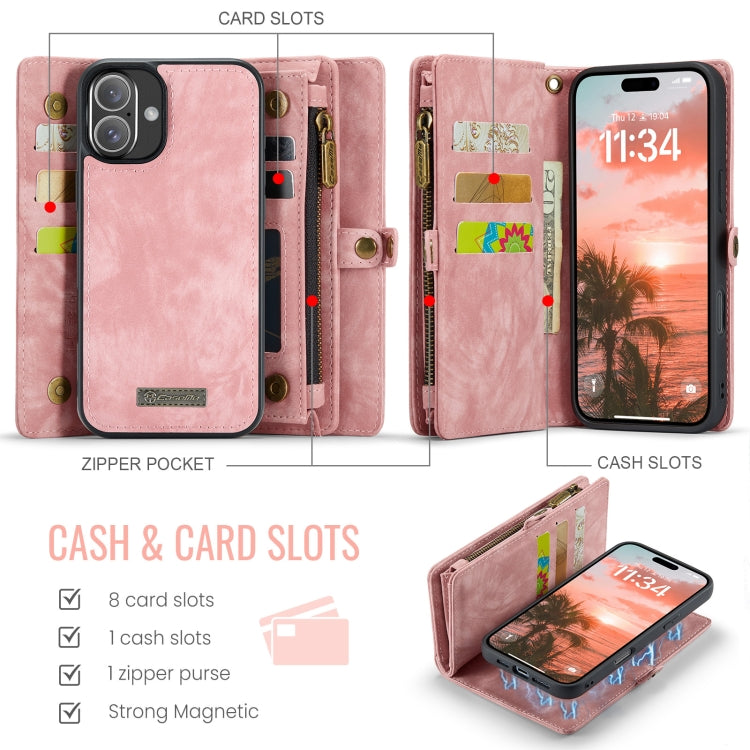 For iPhone 16 Plus CaseMe 008 Detachable Multifunctional Leather Phone Case(Pink)
