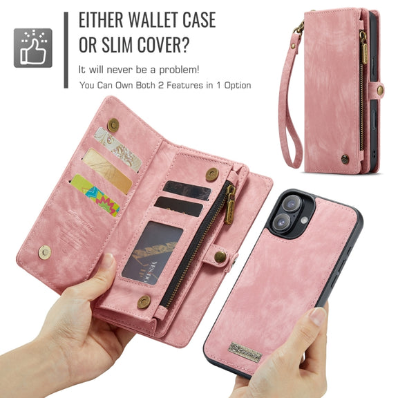 For iPhone 16 Plus CaseMe 008 Detachable Multifunctional Leather Phone Case(Pink)