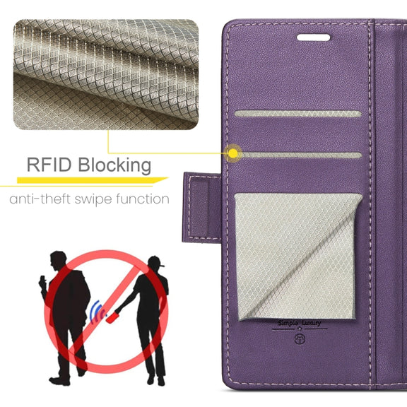 For iPhone 16 Pro Max CaseMe 023 Butterfly Buckle Litchi Texture RFID Anti-theft Leather Phone Case(Purple)