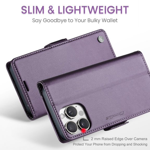 For iPhone 16 Pro Max CaseMe 023 Butterfly Buckle Litchi Texture RFID Anti-theft Leather Phone Case(Purple)
