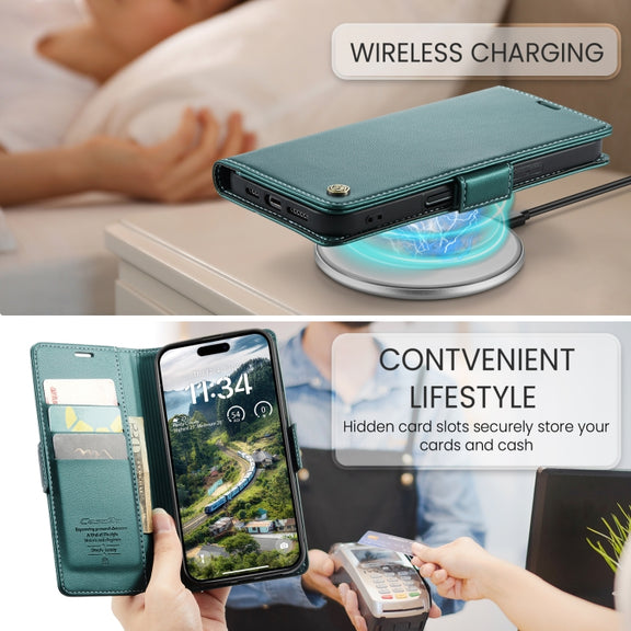 For iPhone 16 Pro CaseMe 023 Butterfly Buckle Litchi Texture RFID Anti-theft Leather Phone Case(Green)
