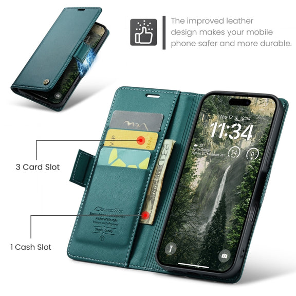 For iPhone 16 CaseMe 023 Butterfly Buckle Litchi Texture RFID Anti-theft Leather Phone Case(Green)