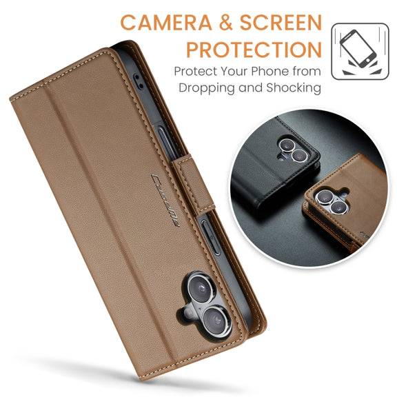 For iPhone 16 CaseMe 023 Butterfly Buckle Litchi Texture RFID Anti-theft Leather Phone Case(Brown)