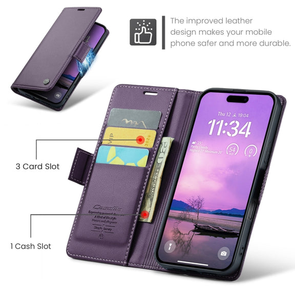 For iPhone 16 Plus CaseMe 023 Butterfly Buckle Litchi Texture RFID Anti-theft Leather Phone Case(Purple)