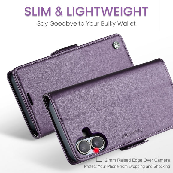 For iPhone 16 Plus CaseMe 023 Butterfly Buckle Litchi Texture RFID Anti-theft Leather Phone Case(Purple)