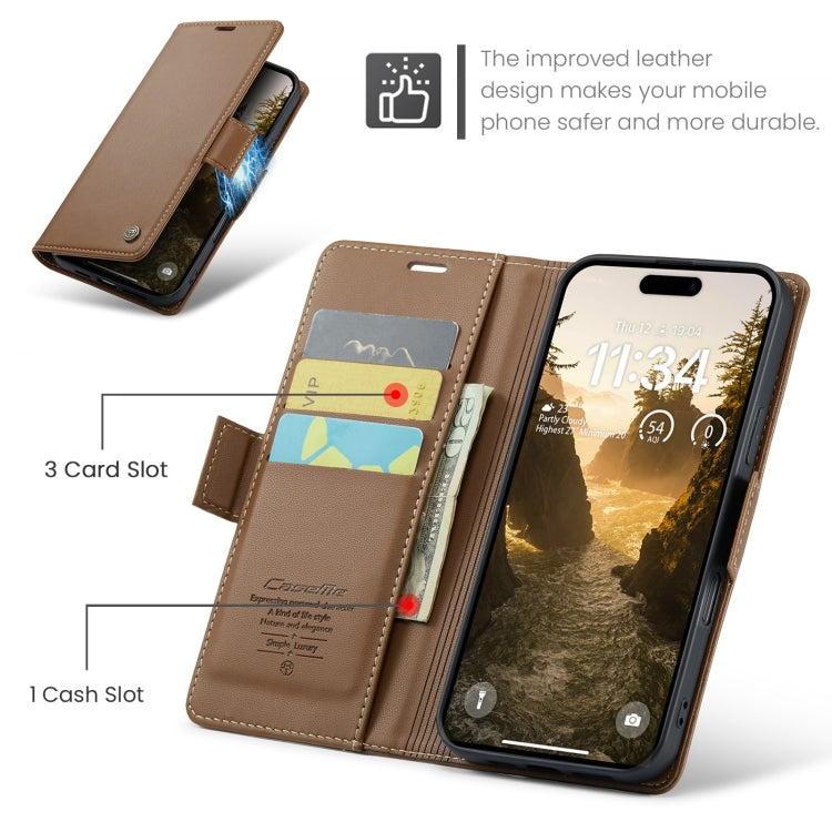 For iPhone 16 Plus CaseMe 023 Butterfly Buckle Litchi Texture RFID Anti-theft Leather Phone Case(Brown)