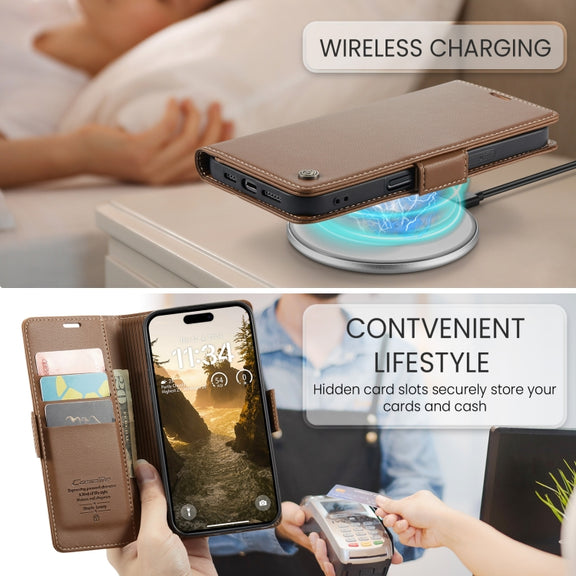 For iPhone 16 Plus CaseMe 023 Butterfly Buckle Litchi Texture RFID Anti-theft Leather Phone Case(Brown)