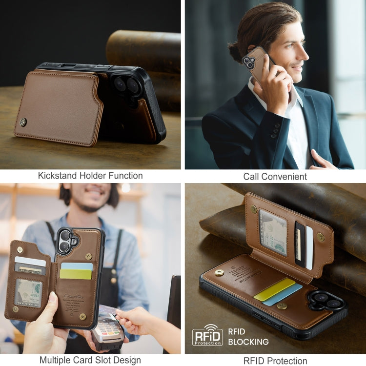 For iPhone 16 CaseMe C22 Card Slots Holder RFID Anti-theft Phone Case(Brown)