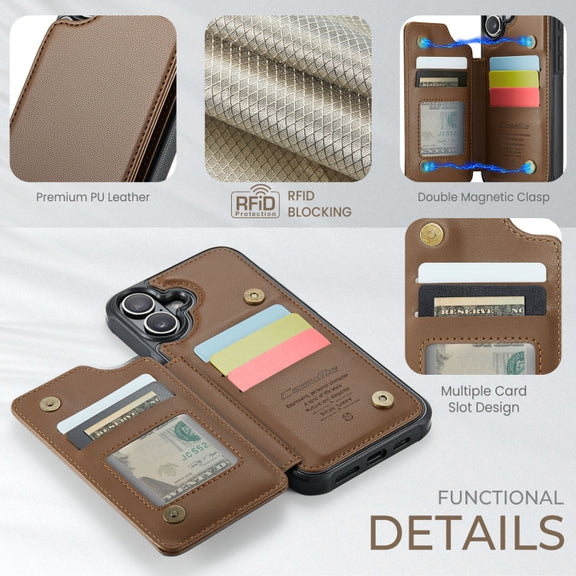For iPhone 16 Plus CaseMe C22 Card Slots Holder RFID Anti-theft Phone Case(Brown)