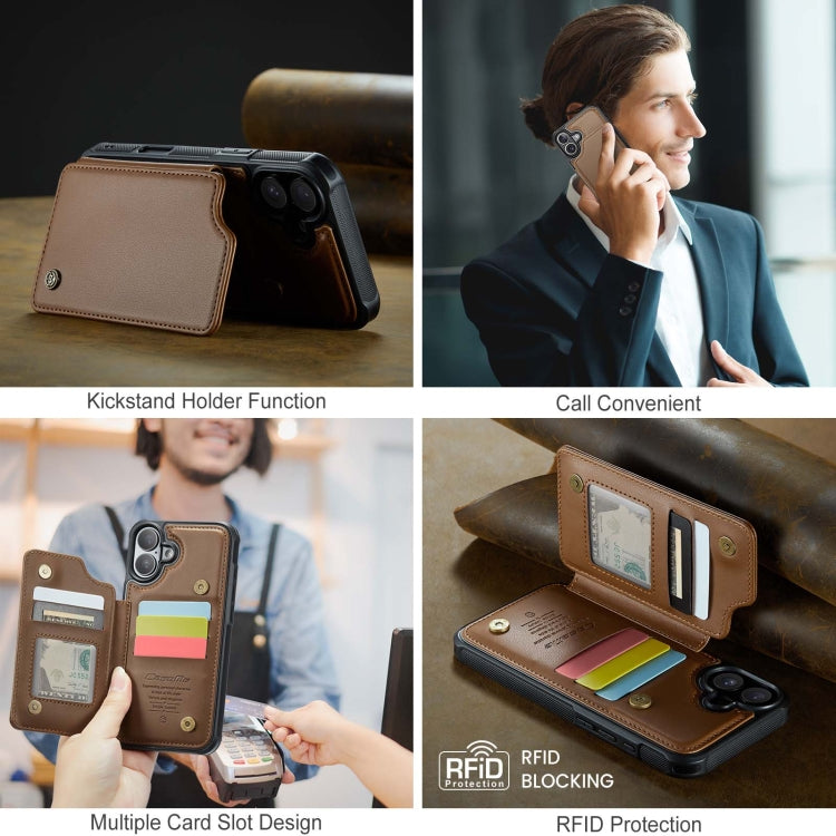 For iPhone 16 Plus CaseMe C22 Card Slots Holder RFID Anti-theft Phone Case(Brown)