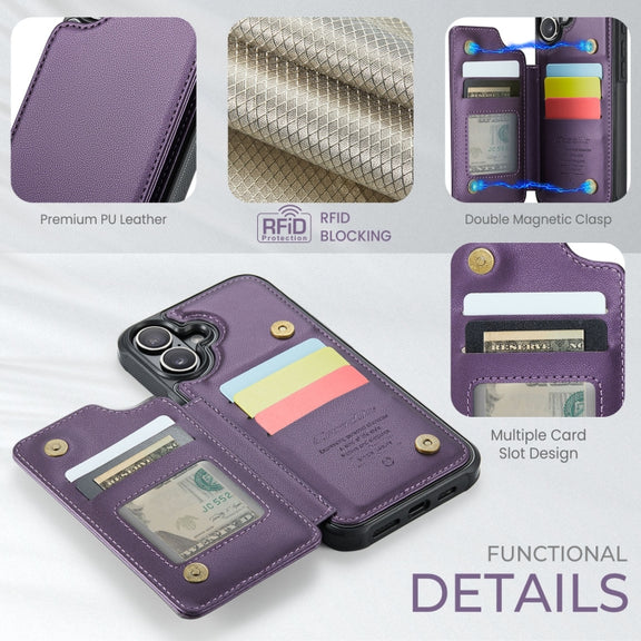 For iPhone 16 Plus CaseMe C22 Card Slots Holder RFID Anti-theft Phone Case(Purple)