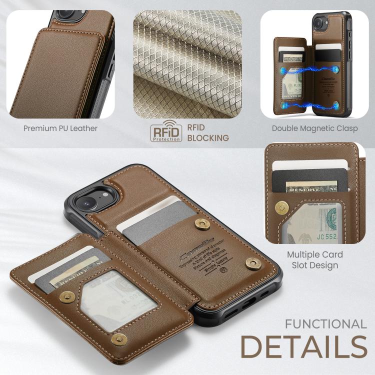 For iPhone 16e CaseMe C22 Card Slots Holder RFID Anti-theft Phone Case(Brown)