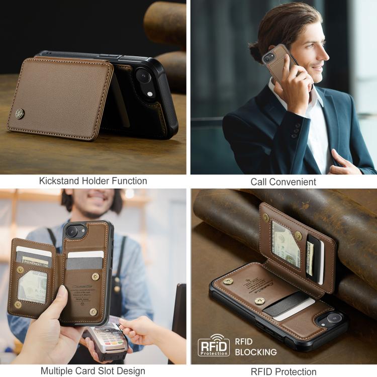 For iPhone 16e CaseMe C22 Card Slots Holder RFID Anti-theft Phone Case(Brown)