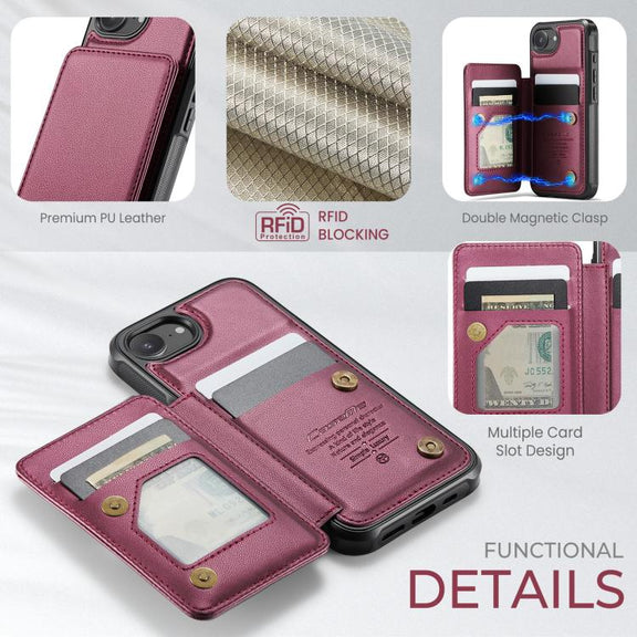 For iPhone 16e CaseMe C22 Card Slots Holder RFID Anti-theft Phone Case(Red)