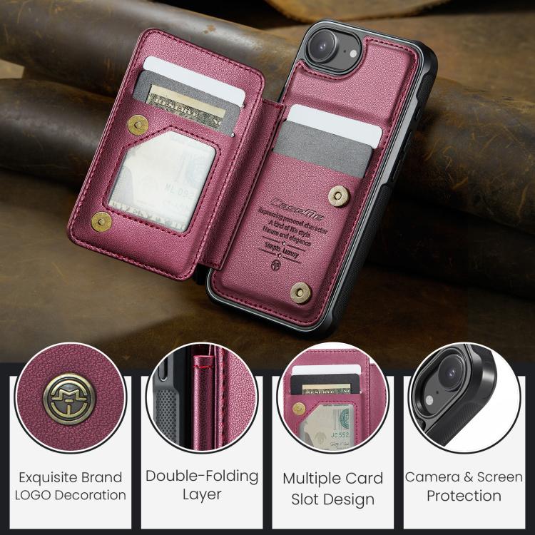 For iPhone 16e CaseMe C22 Card Slots Holder RFID Anti-theft Phone Case(Red)