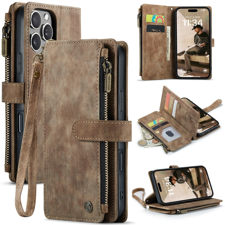 For iPhone 16 Pro CaseMe C30 Card Slots Zipper Wallet Leather Phone Case(Brown)
