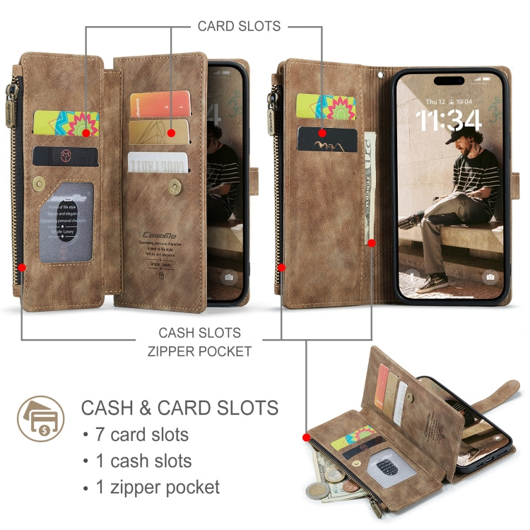 For iPhone 16 Pro CaseMe C30 Card Slots Zipper Wallet Leather Phone Case(Brown)