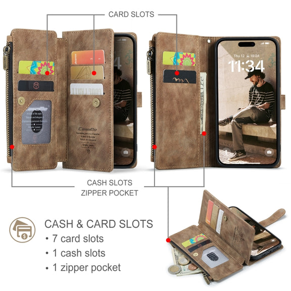 For iPhone 16 Pro CaseMe C30 Card Slots Zipper Wallet Leather Phone Case(Brown)