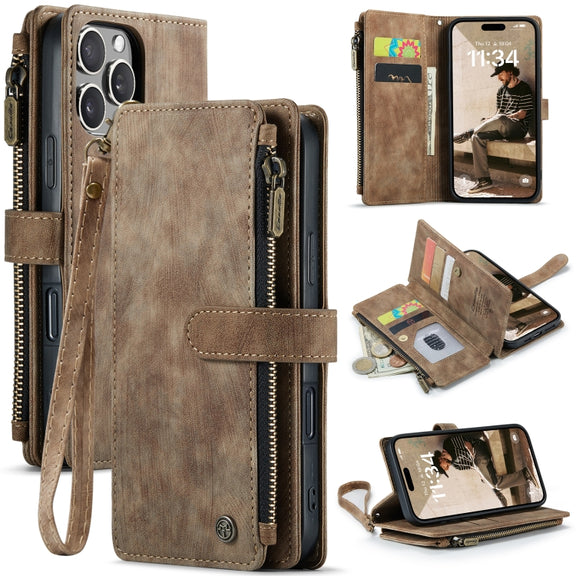 For iPhone 16 Pro CaseMe C30 Card Slots Zipper Wallet Leather Phone Case(Brown)