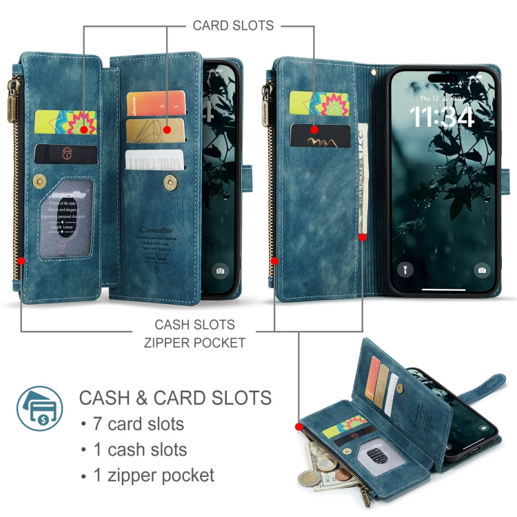 For iPhone 16 Pro CaseMe C30 Card Slots Zipper Wallet Leather Phone Case(Blue)