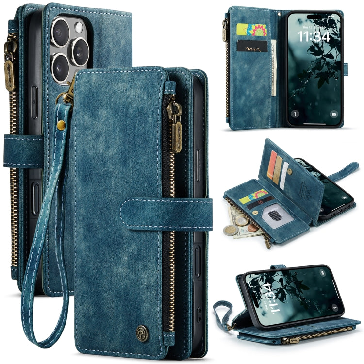 For iPhone 16 Pro CaseMe C30 Card Slots Zipper Wallet Leather Phone Case(Blue)