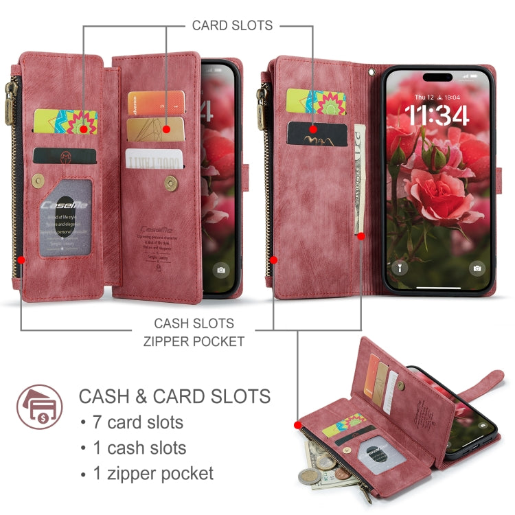 For iPhone 16 Pro CaseMe C30 Card Slots Zipper Wallet Leather Phone Case(Red)