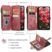 For iPhone 16 Pro CaseMe C30 Card Slots Zipper Wallet Leather Phone Case(Red)