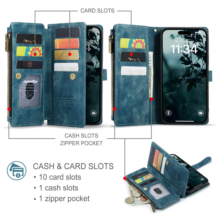 For iPhone 16 Pro Max CaseMe C30 Card Slots Zipper Wallet Leather Phone Case(Blue)