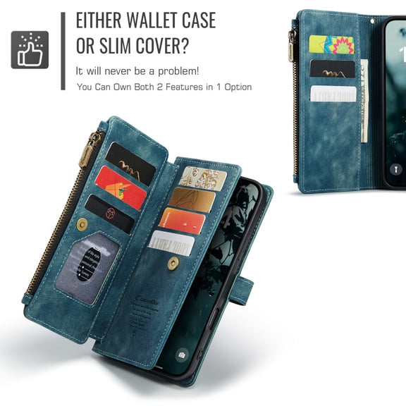 For iPhone 16 Pro Max CaseMe C30 Card Slots Zipper Wallet Leather Phone Case(Blue)