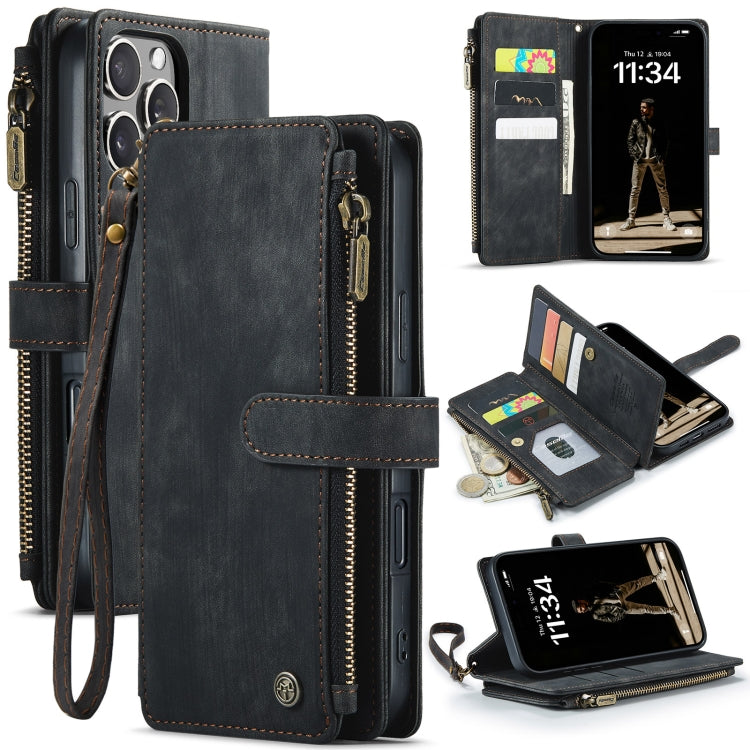 For iPhone 16 Pro Max CaseMe C30 Card Slots Zipper Wallet Leather Phone Case(Black)