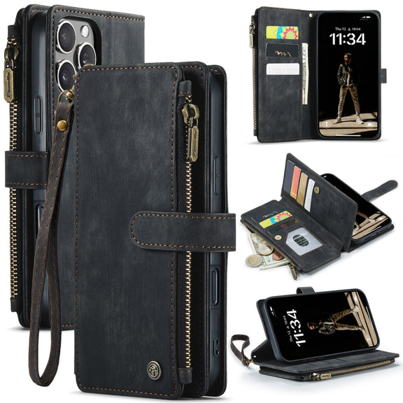 For iPhone 16 Pro Max CaseMe C30 Card Slots Zipper Wallet Leather Phone Case(Black)