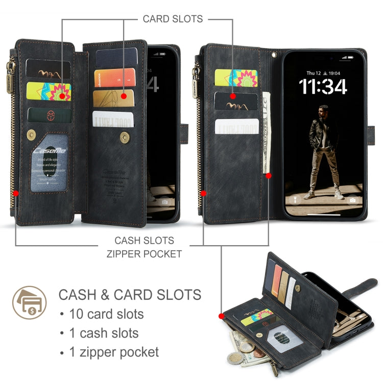 For iPhone 16 Pro Max CaseMe C30 Card Slots Zipper Wallet Leather Phone Case(Black)