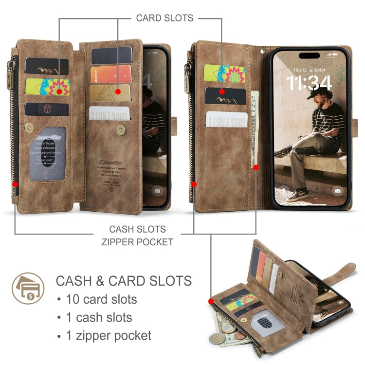 For iPhone 16 Plus CaseMe C30 Card Slots Zipper Wallet Leather Phone Case(Brown)