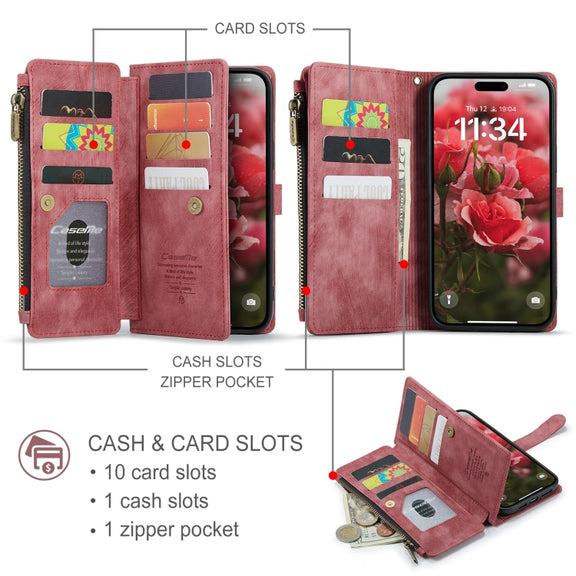 For iPhone 16 Plus CaseMe C30 Card Slots Zipper Wallet Leather Phone Case(Red)