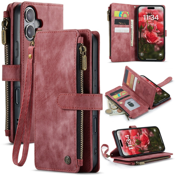 For iPhone 16 Plus CaseMe C30 Card Slots Zipper Wallet Leather Phone Case(Red)