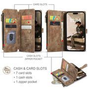For iPhone 16 CaseMe C30 Card Slots Zipper Wallet Leather Phone Case(Brown)